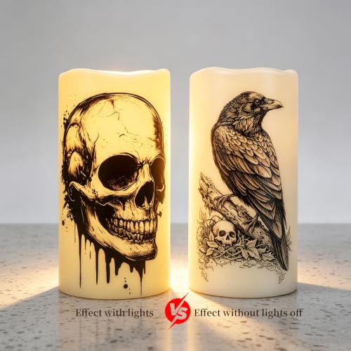Amagic 3"x6" Halloween Flameless Candles, Waterproof LED Pillar Candles - color: Skeleton + Raven, size: 2 Pack, D3"xH6"