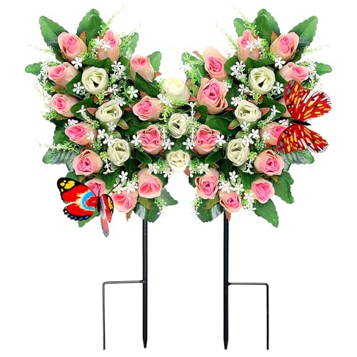 Lodou Butterfly-Shaped Cemetery Flowers for Grave – Realistic Memorial Floral Arrangement with Ground Spikes, Artificial Cemetery Flowers for Cemetery Decorations (Pink) - color: Pink