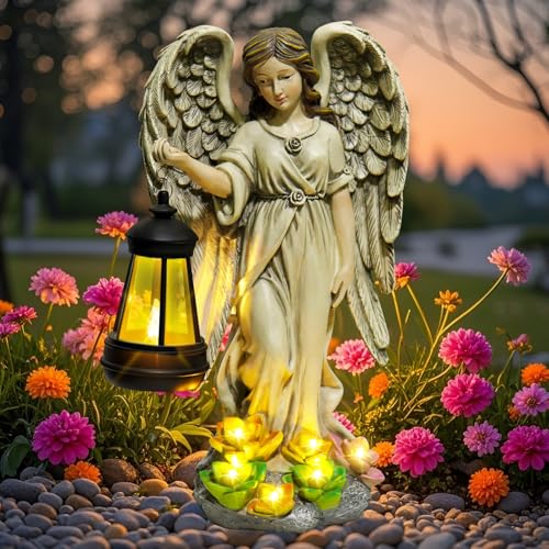 NBQQ Solar Resin Angel Statue with Lantern and Succulent LED Lights | outdoor garden patio decor, solar LED lantern and succulent lights, weatherproof durable, ideal gift for mom women - size: Angel