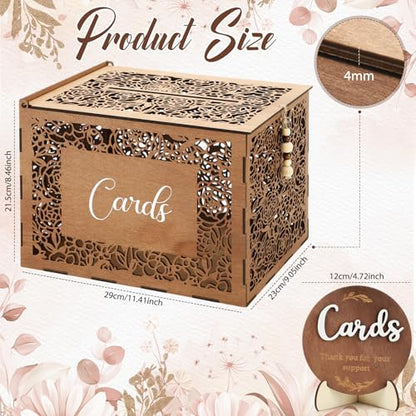 Wedding Card Box with Sign Boho Rustic Wood Gift Card Box Vintage Money Cards Holder for Wedding Baby Shower(Flower,Brown,11.4 x 9 x 8.5 Inches) - style: Flower