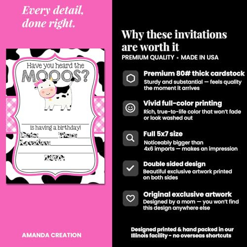 Amanda Creation Cow Birthday Invitations for Girls, 20 Pack 5x7 Fill-In Cow Party Invitations with White Envelopes, Heard the Moos Pink Farm Animal Cards, Made in USA - color: Heard the Moos Pink Cow