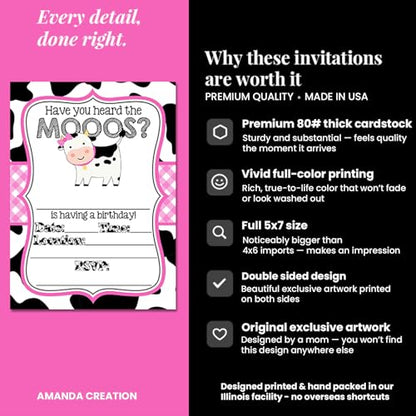 Amanda Creation Cow Birthday Invitations for Girls, 20 Pack 5x7 Fill-In Cow Party Invitations with White Envelopes, Heard the Moos Pink Farm Animal Cards, Made in USA - color: Heard the Moos Pink Cow