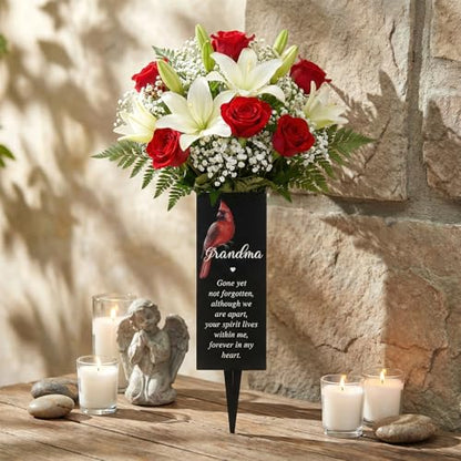 Hushee Grandma Memorial Cardinal Grave Decor Metal Cemetery Flower Vase | Gravesite Flower Holder with Spike, Funeral Flower Vase Grave for Loss of Loved One, Cemetery Outdoors Yard Garden Decoration - style: Grandma