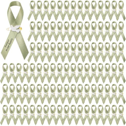Geosar 100 Pcs Dove Funeral Memorial Ribbons Pins Memorial Service Respect Funeral Personalized Ribbon Bow with Safety Pins and White Dove for Mourning Mental Health Awareness Month Gifts(Sage Green) - color: Sage Green, style: Pigeon