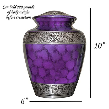 NWA Customized Cremation Urn, Adult Human Funeral Cremation Urn, Beautiful Purple Urn with Matching Keepsake, Personalization, and Velvet Bag