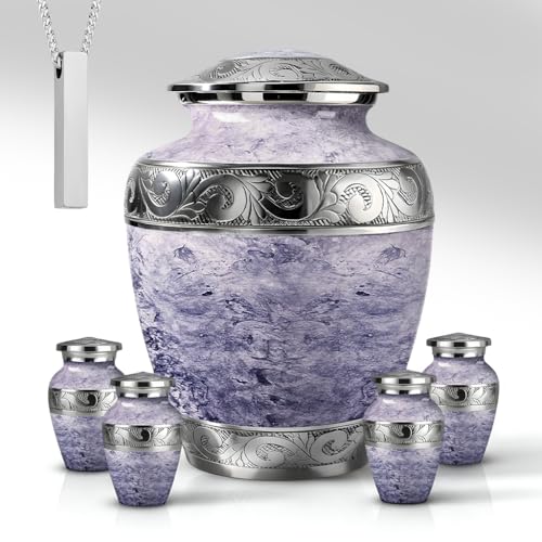 AmericUrn Cremation Urns for Human Ashes – Adult Female, Mom and Men White Pearl Memorial Set of 6 with 1 Large Urn, 4 Keepsakes & 1 NecklaceUrn - White Pearl - color: White Pearl Family Set