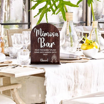 Rustic Wood Mimosa Bar Sign Table Top for Wedding Welcome Table | Modern Calligraphy, Rustic Wooden, Table Top, Wedding Reception and Event Party - color: Brown-Mimosa Bar
