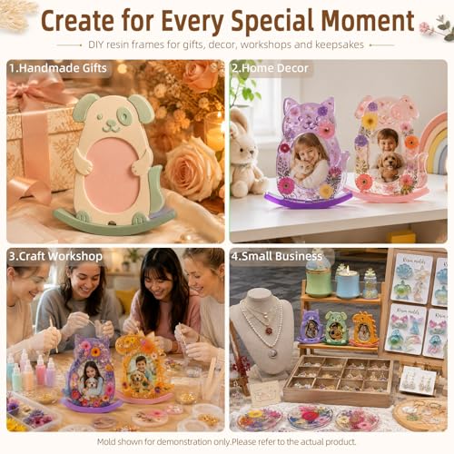 Animal Seesaw Photo Frame Resin Molds Set, 3Pcs Resin Picture Frame Molds, Cartoon Cat, Dog & Dinosaur Shapes Epoxy Casting Mold with Stand Mold for DIY Desktop Picture Frame, Keepsake Craft Kit - color: 3pcs Animal Photo Frame Molds
