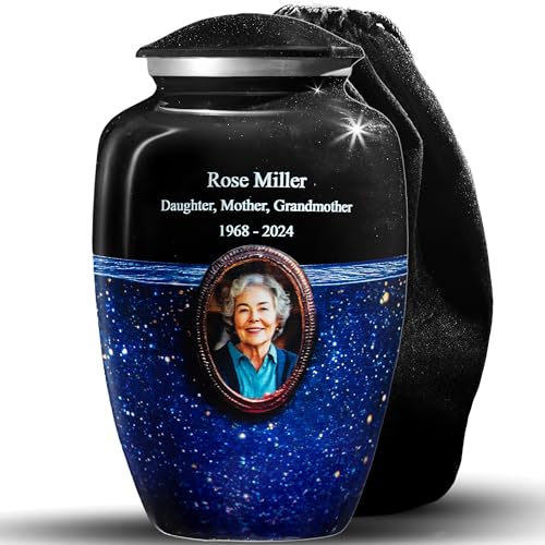 Blue Galaxy Photo Urn for Human Ashes – Personalized Cremation Tribute with Portrait, Name & Dates, Starry Sky Memorial Keepsake, Made in USA (Large) - size: Large
