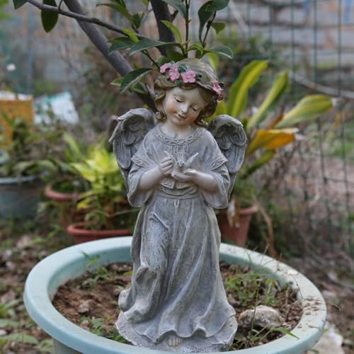 Angel & Dove Garden Statue - 12.6 Inches Tall, Religious Outdoor Decoration, Inspirational Resin Yard Sculpture for Garden, Memorial & Patio