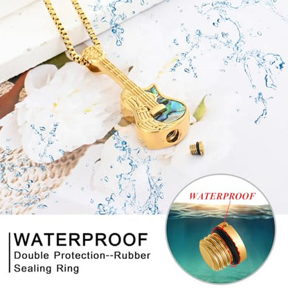 XSMZB Guitar Urn Necklace for Ashes for Women Men Abalone Shell Cremation Jewelry Human Pet Ashes Keepsake Pendant for Guitar Players - color: Gold