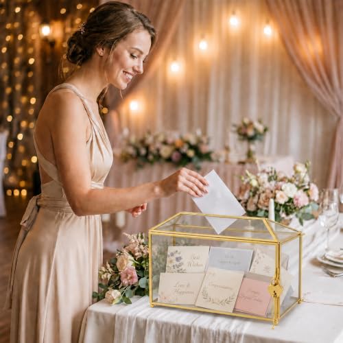 Glass Wedding Card Box with Slot and Lock, Gold Card Box 12.6" | Clear Brass Frame Card Box for Wedding Reception, Decorative Storage Box for Baby Shower, Birthday Party, Bridal Shower - size: 12.6" Gold without Arch