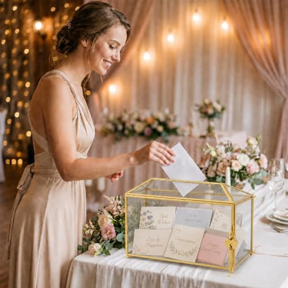 Glass Wedding Card Box with Slot and Lock, Gold Card Box 12.6" | Clear Brass Frame Card Box for Wedding Reception, Decorative Storage Box for Baby Shower, Birthday Party, Bridal Shower - size: 12.6" Gold without Arch