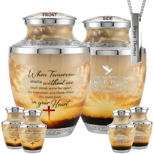 Custom Engraved Traditional Cremation Urns for Human Ashes Set of 6 for Adult Male & Female Includes 1 Large Funeral Urn with 4 Mini Keepsakes & 1 Necklaceurn - Sunset Cross Text - color: Sunset Cross With Text Set - Custom