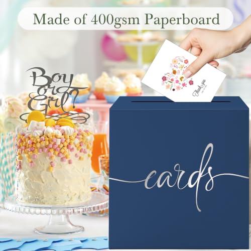 Navy Blue Wedding Card Box with Silver Foil Design, Paperboard 8.7" Card Box for Graduation Birthday Party Reception Retirement Anniversary Bridal & Baby Shower - color: Navy Blue Card Box with Silver Foil, size: 8.7×8.7×8.7Inch(1 Pack)