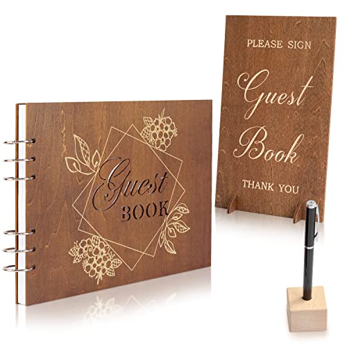 Creawoo Wooden Wedding Guest Book Reception Sign in Guestbook with Table Sign, Pen & Holder, Hardcover Memory Registry Photo Album with 90 White Pages for Wedding, Baby Shower, Birthday-11 x 8.5" - size: 11"