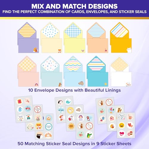 Decorably 50 Pack Bulk 5x7in Thinking of You Cards with Envelopes | Stickers, 50 Adorable Folded Designs for Women & Loved Ones, Printed Message Inside - Thoughtful Notes, Gifting, Mailing