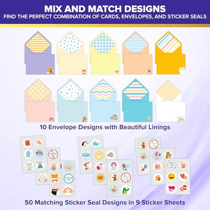 Decorably 50 Pack Bulk 5x7in Thinking of You Cards with Envelopes | Stickers, 50 Adorable Folded Designs for Women & Loved Ones, Printed Message Inside - Thoughtful Notes, Gifting, Mailing