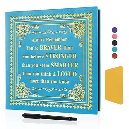 Inspirational Leather Photo Album - Magnetic Self-Stick Family Memory Book | DIY Scrapbook Holds 3x5, 4x6, 5x7, 6x8 Pictures, Motivational Scrapbook Journal for Couples, Graduation & Life Journey Gifts - color: light blue-always remember