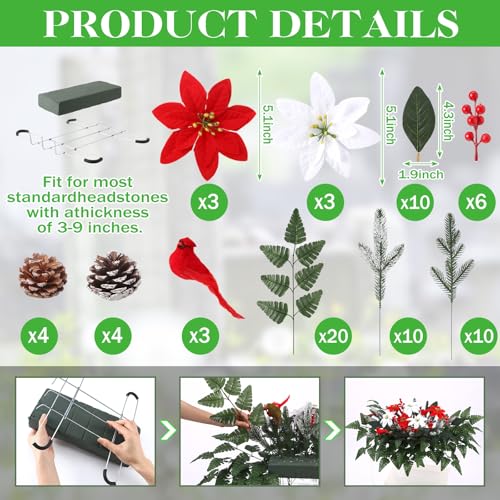 Thiccywoov 70 Pcs Artificial Christmas Cemetery Flower Poinsettia Headstone | Red Poinsettia Christmas Flowers, outdoor Grave Memorial Decor, Silk Flowers Berries Pinecones Foam Holder