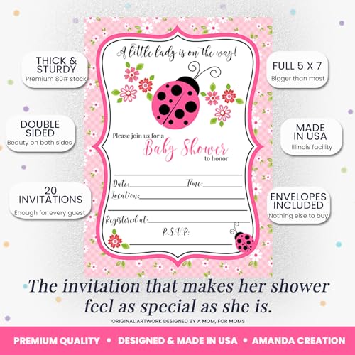 Amanda Creation Ladybug Baby Shower Invitations, 20 Fill-In 5x7 Love Bug Baby Shower Invitation Double-Sided Pink Ladybug Theme Invite Cards with White Envelopes - style: Pink Ladybug