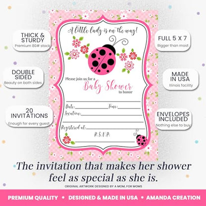 Amanda Creation Ladybug Baby Shower Invitations, 20 Fill-In 5x7 Love Bug Baby Shower Invitation Double-Sided Pink Ladybug Theme Invite Cards with White Envelopes - style: Pink Ladybug
