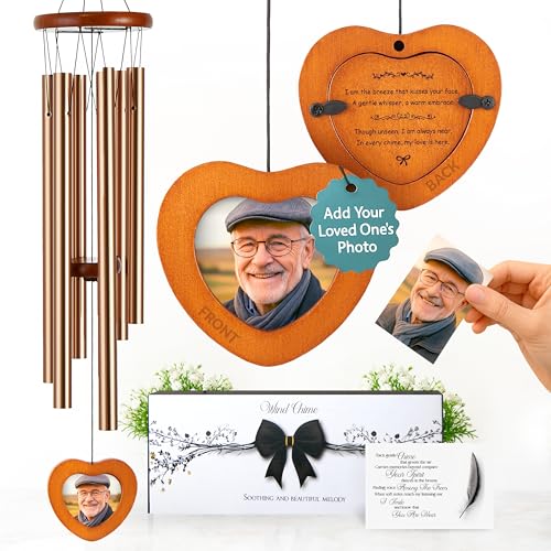 32 inch Golden DIY Photo Insert Memorial Wind Chimes for Loss of Loved One | Personalized Memorial gift for loss of mom, dad or husband, remembrance keepsake, poem card and quiet-hours mute - color: Photo Frame, size: 32" Golden