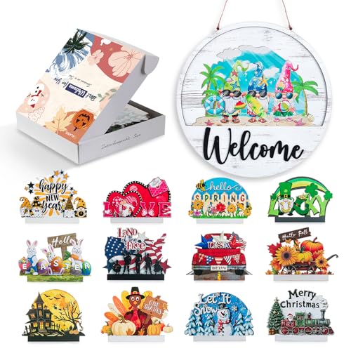 Interchangeable Welcome Sign for Front Door, Slot-in Design | 13Pcs Solid Wood Seasonal Decor, 12-inch Round Sign, for Porch, Entryway