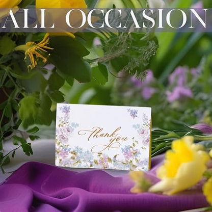 NUOERP Blank Thank You Cards With Envelopes, 30 Pack - 2 Elegant Floral Designs Foil Wedding Thank You Cards With Envelopes - For Baby Shower Card, Birthday Card, Bridal Shower Card, Wedding Card, Flower Card - Blank Inside - color: Purple Floral Gold Foi
