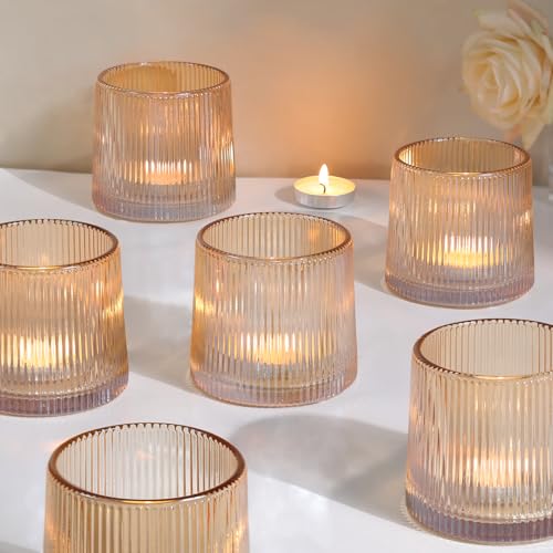 Gold Ribbed Tealight Votive Candle Holders- 6Pack | Glass Candle Holders for Table Centerpiece, Home Decor, Wedding Decor, Party Dinner - color: Gold, size: 6Pcs