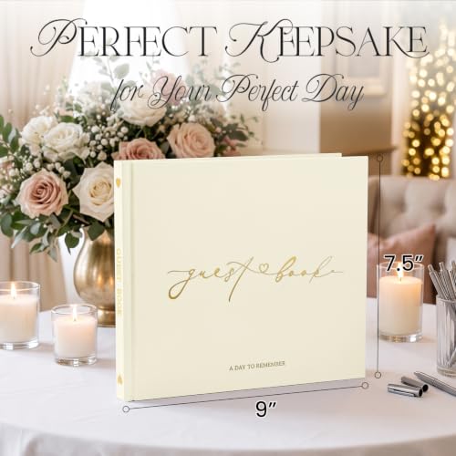 Wedding Guest Book, Polaroid Photo Guestbook for Baby Shower | Table Sign Included, Gold Stamping, Hardcover, 9x7.5", Perfect for Bridal Party & Baby Shower, Beige - color: Beige