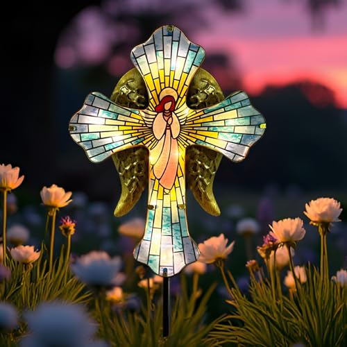 Solar Cross for Cemetery Grave,Metal Angel Wings Outdoor Yard Garden Stakes | Solar Lights Outdoor Christmas Decorations for Yard Patio Landscape Ornaments,Memorial Gifts - color: Angel-01