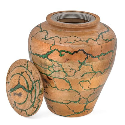 Wooden Cremation Urn for Adult Human Ashes – Handmade Mango Wood Funeral Urn with Green Epoxy Inlay – Large 225 Cu in Memorial Burial Urn Box with Velvet Bag (225 lbs) - size: Large (225 lbs)