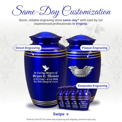 Set of 6 Custom Engraved Cremation Urns for Human Ashes Includes 1 Large Urn with 4 Small Keepsakes & 1 Silver Necklace - Royal Blue - color: Royal Blue Custom Urn Set