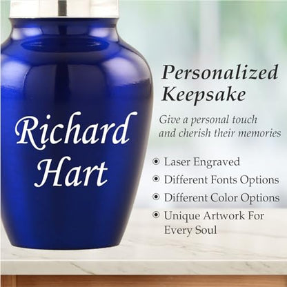 Customized Small Urns for Human Ashes Set of 4, Blue Keepsake Cremation Urns with Personalized Engraving, Guardian Elephant Design, Velvet Pouches & Gift Box