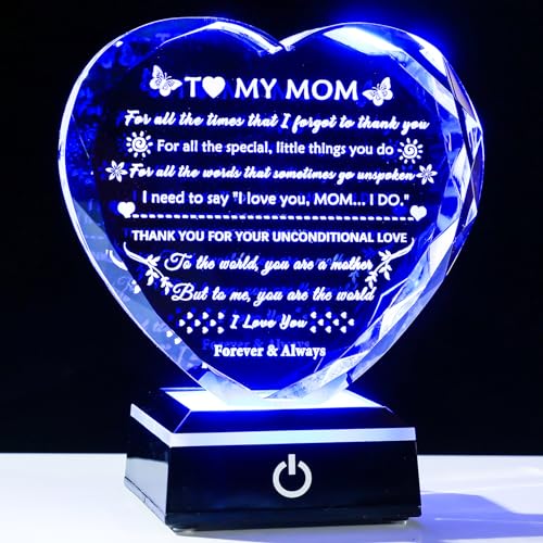 YWHL Gifts for Mom from Daughter Son, Birthday Gifts for Mom Who has Everything, To My Mom Gifts for Mother's Day Crystal Heart Keepsake with LED Base, Present for Mother on Christmas Valentine - color: Mom Gifts