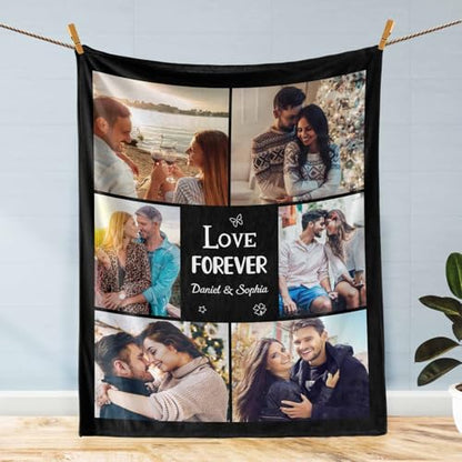 D-Story Custom Blanket with Photos Text Personalized Blankets and Throws Customized Fleece Picture Blanket for Adult Kid Funny Birthday Gifts for Couple Wife Husband Family 6 Photos - color: B-6 Photos
