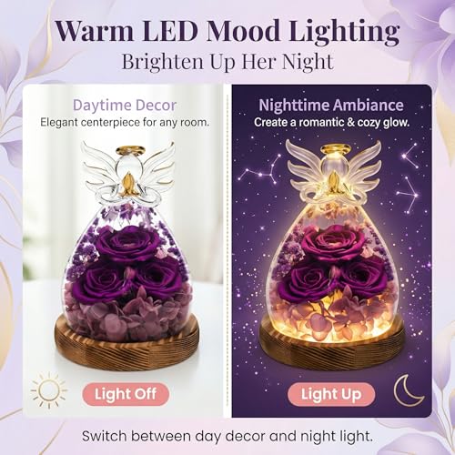 Preserved Real Rose Eternal Rose in Glass Angel Figurine with LED Light, Forever Flowers Angel Gift for Women Her Mom on Valentine's Day Christmas Birthday Anniversary (Purple, 5.8 Inch) - color: Purple