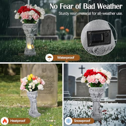 Lewondr Solar Cemetery Vase for Grave, Praying Angel with Spike | Waterproof Memorial Flower Holder with Solar Candle Light, Sympathy Gifts for Loss of Loved One, Gray - color: Gray a