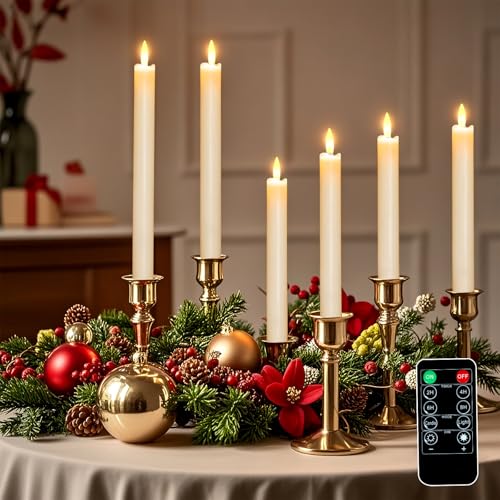 Battery Operated Flameless Ivory Taper Candles Flickering–Set of 6, Realistic 3D Wick Flickering LED Taper Candle Set,USB-Rechargeable, Remote & Timer, Ideal for Living Room, Bedroom & Easter Décor - color: Cream White