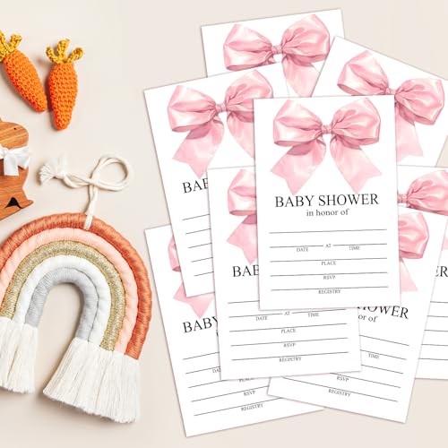 Pink Bow Baby Shower Invitations for Girls, Baby Announcement Invite Cards,25 Sets of Fill-in Baby Shower Invite with Envelopes, Gender Reveal Party Supplies -B02 - color: Pink Bow-01