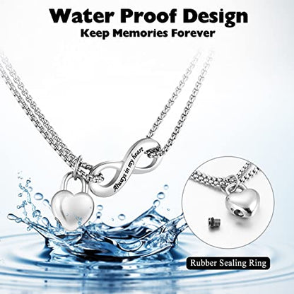 XIUDA Infinity Urn Necklace for Human Ashes Always in My Heart Cremation Necklace Stainless Steel Memorial Ash Jewelry for Women - color: Silver, engraved