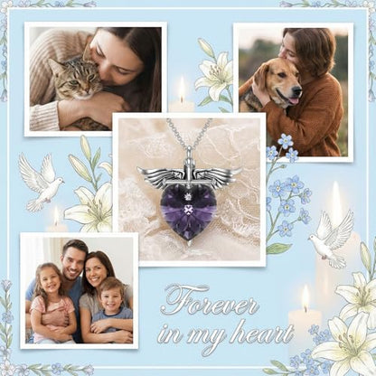 SOULMEET Memorial Wings Necklace for Ashes with Large Heart Crystal Birthstone, Angel Wings Urn Necklaces with Heart Shaped Birthstone Keepsake Silver Cremation Jewelry - style: F-June