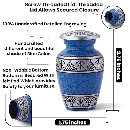 Small Blue Cremation Urn for Human Funeral Remains | Mini Sacred Ash Container | Velvet Carry Bag | Paper Funnel | Gift Box | Handcrafted Engraved Urn & Keepsake - color: Blue-engraved