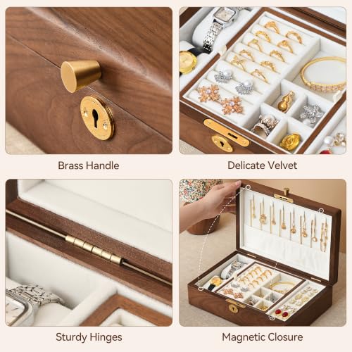 Black Walnut Wooden Lockable Jewelry Box, 2 Layer Large Organizer for Women - color: 2 Layer Large Lockable