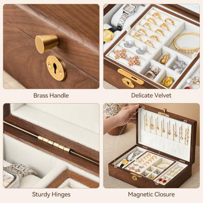 Black Walnut Wooden Lockable Jewelry Box, 2 Layer Large Organizer for Women - color: 2 Layer Large Lockable