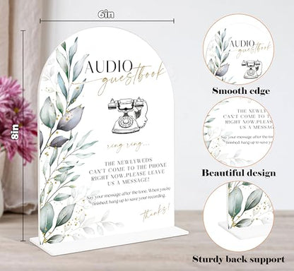 Acrylic Wedding Signs, Greenery Theme Audio Guestbook Sign, Wedding Reception Signage, Bridal Shower Table Decor with Stand, Engagement, Anniversary, Newlywed Events and Parties Supplies, 16 - color: Audio Guestbook Sign, 16