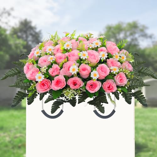 Lodou Artificial Cemetery Flower Saddle – Artificial Rose Memorial Flowers, Flower Saddles for Graves– for Headstone Decorations on Memorial Day, Christmas, Valentine’s Day ﻿ (Pink) - color: Pink