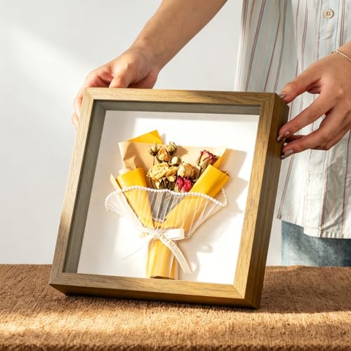 8x8 Shadow Box Frame with Ultra-Clear Glass & Soft Linen Back | With Push Pins and Stand, Deep 1.2" Brown Shadow Box Display Case – Display on Tabletop or Wall for Photo, Flower, Keepsakes - color: Brown+high Definition Panel + Shatter-proof Packaging, si