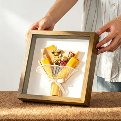 8x8 Shadow Box Frame with Ultra-Clear Glass & Soft Linen Back | With Push Pins and Stand, Deep 1.2" Brown Shadow Box Display Case – Display on Tabletop or Wall for Photo, Flower, Keepsakes - color: Brown+high Definition Panel + Shatter-proof Packaging, si